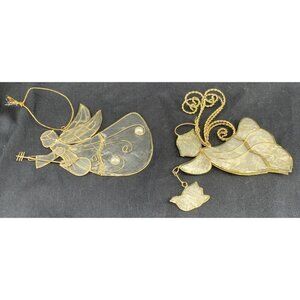 Capiz Shell Angel Christmas Ornaments White With Golden Wire Lot of 2 4.5" Long